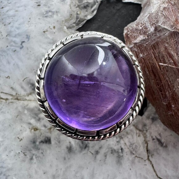Sterling Southwestern Style Round Amethyst Decorated Ring Size 8.75 For Women - Picture 1 of 10